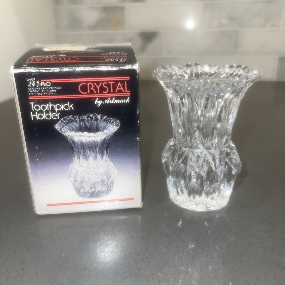 Vintage 1988 over 24% Lead Crystal Toothpick Holder by Artmark 2 ¼